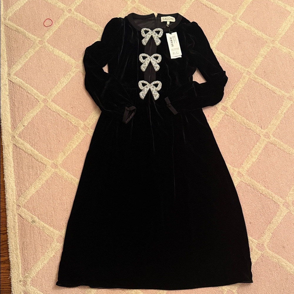 SALONI Black Velvet Midi Dress with Silver Bows